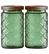 ANSQU Set of 2 Vintage Glass Storage Containers, Green Glass Jars with Wooden Lids, 34 FL OZ Deco...