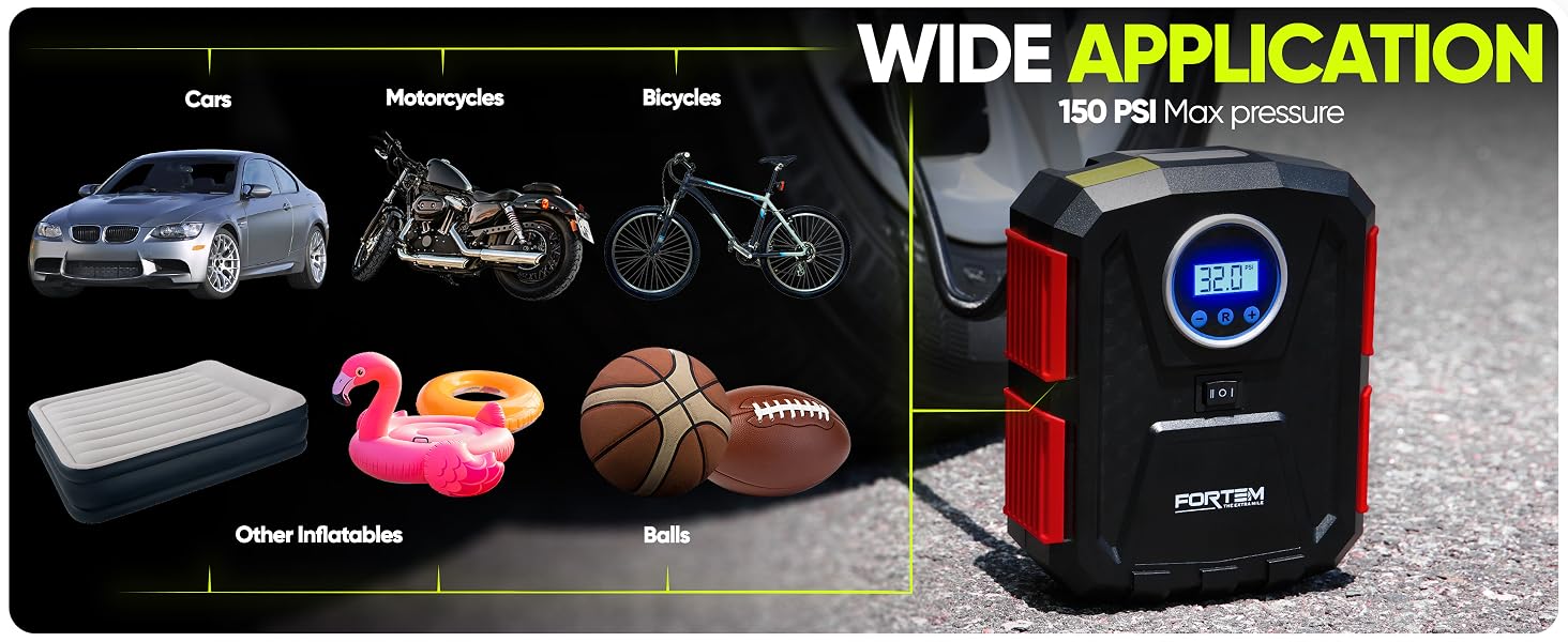 150 PSI inflator for cars, motorcycles, bicycles, sports balls, and other inflatables.