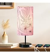 Bedside Table Lamp, Modern Touch Control Desk Lamp with 2 USB Ports & Round Flower Linen Fabric S...
