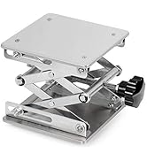 Laboratory scissor lift platform in silver metal with adjustable height mechanism and control knob.