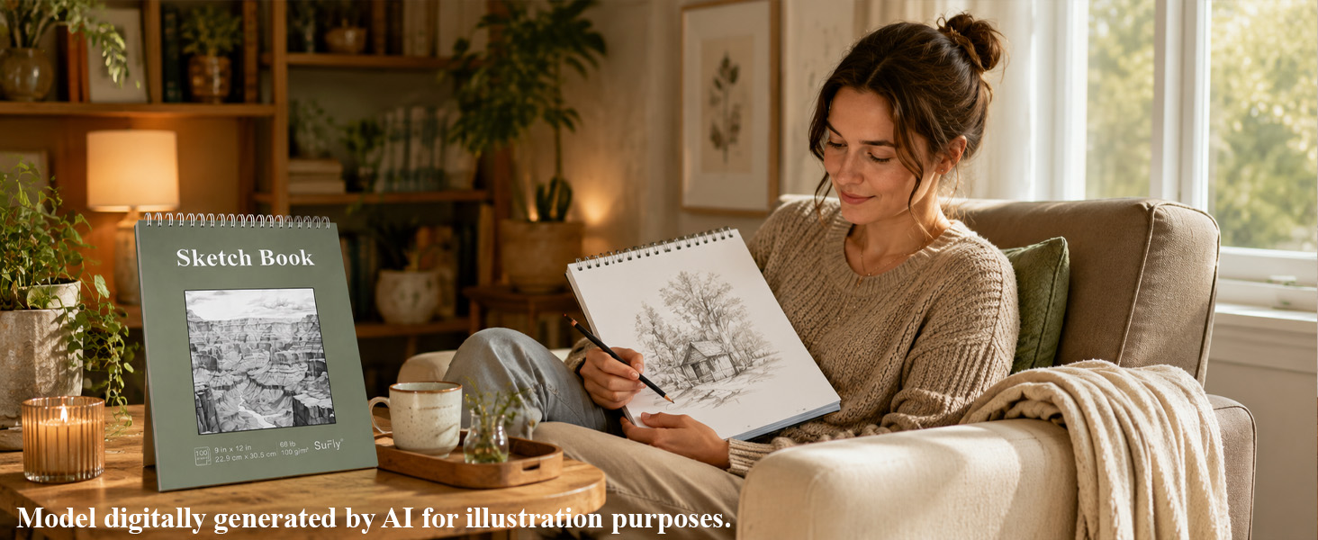 An adult artist draws a pencil landscape in a SuFly spiral sketchbook while relaxing at home.