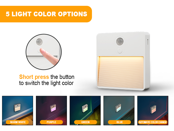 Text reads '5 LIGHT COLOR OPTIONS'. Series of product interface images showing color temperature options from warm to cool lighting.