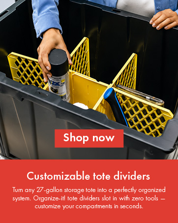 Yellow tote dividers organizing tools inside a black 27-gallon storage tote