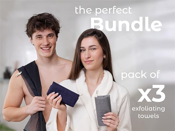 Man and woman holding a 3-pack of exfoliating washcloths for body scrubbing.