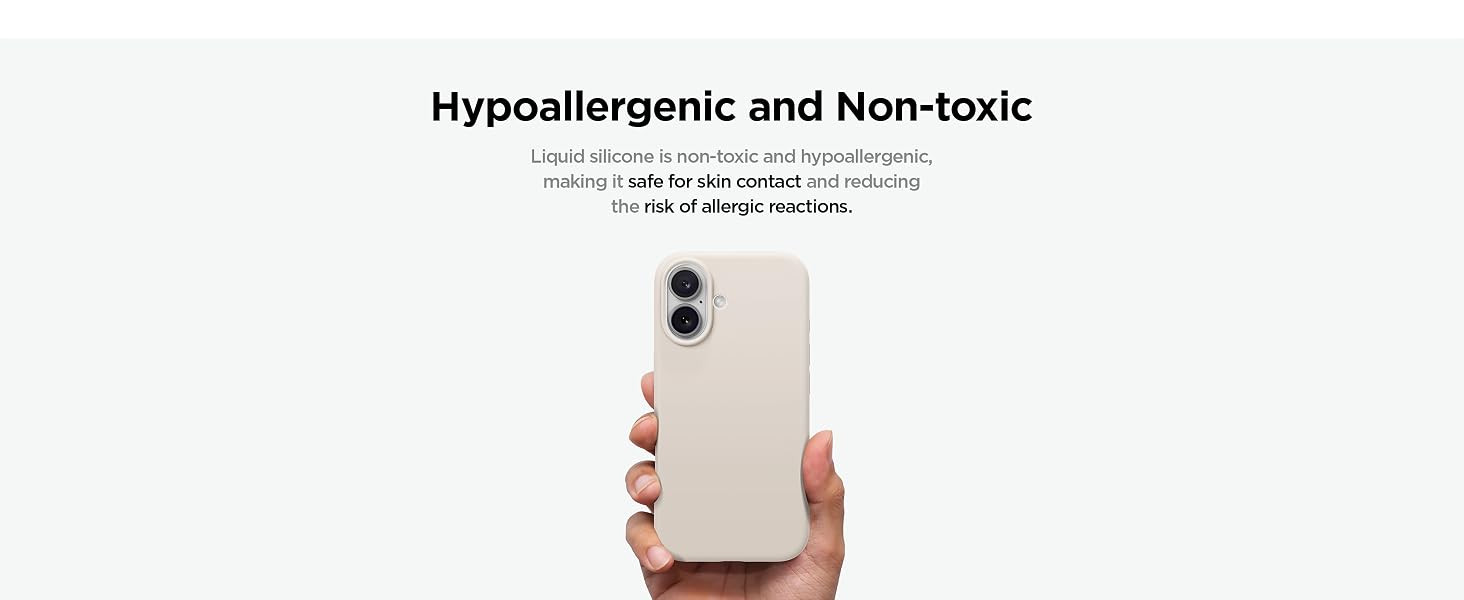 Beige smartphone case held in a hand, labeled as hypoallergenic and non-toxic. Dual-camera setup visible on the case.
