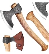 Hand Forged Axe 13.77" - Sharp Carbon Steel Viking Hatchet ASH Wood Handl with Leather Sheath - C...