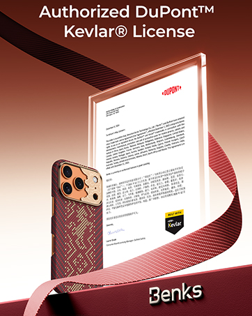 Text reads 'Authorized DuPont™ Kevlar® License' and 'Benks'. Smartphone case with burgundy quilted pattern design and gold accents, displayed with authorization license document and ribbon.