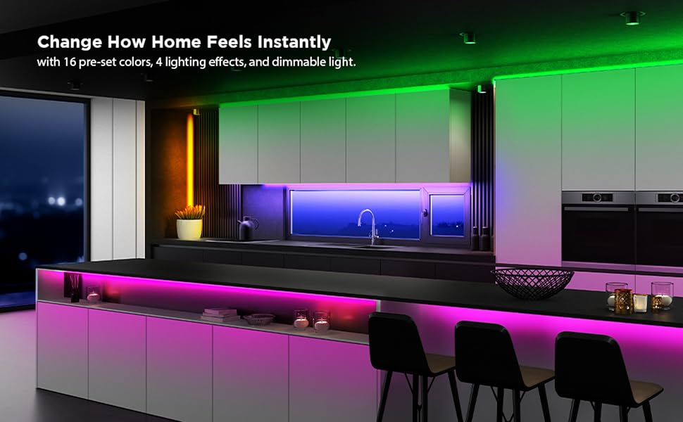 Kitchen with colorful lighitng along the walls, under cabinets, and toe kicks.