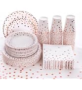 Rose Gold Plates, 201 Pcs Disposable Dinnerware Set for 50 Guests | Rose Gold Polka Dots Party Su...