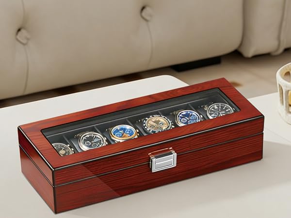 BEWISHOME Watch Box, 6 Slot Mens Watch Case, Watch Storage Organizer for Men, Watch Display Case
