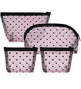 4 Pieces Mesh Makeup Bag Set, Heart Printed Clear Cosmetic Bags, Pink | Travel Toiletry Bag, Port...