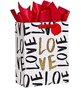 SUNCOLOR Large Valentine's Day Gift Bag with Tissue Paper, Black and Gold Love Design, 13 x 10.2 ...