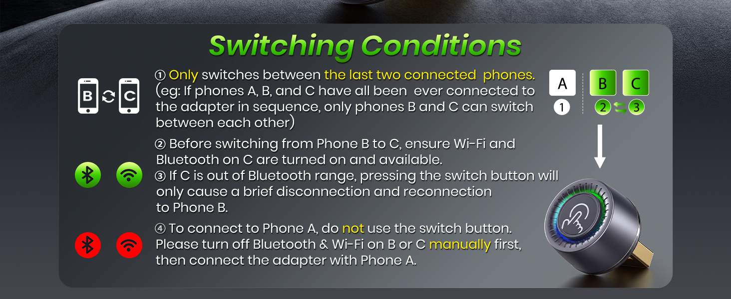Bluetooth CarPlay adapter helps drivers understand when one-press phone switching works.