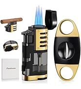 Torch Cigar Lighter Set With V Cutter, Windproof Triple Jet Flame, Punch & Holder Built-in, All-i...