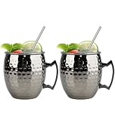 TJ Moscow Mule Mugs Set of 2, Black Hammered Mule Cup 17 oz, Stainless Steel Lining Brass Handles...