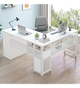 LVB White L Shaped Corner Desk with Drawers, Reversible Modern L-Shaped Computer Desk with Storag...