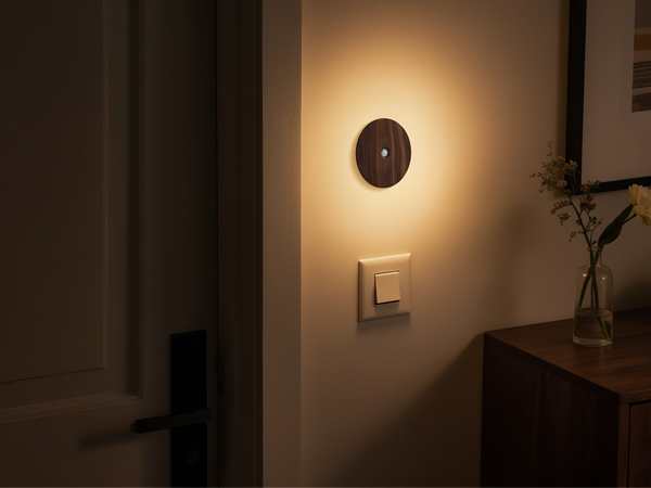 Solid wood motion sensor night light near switch for guidance.