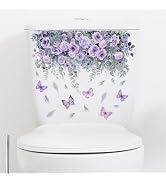 2 Sheets Purple Flower Stickers Plant Rose Butterfly Lid Decals Self-Adhesive Toilet Bathroom Wal...