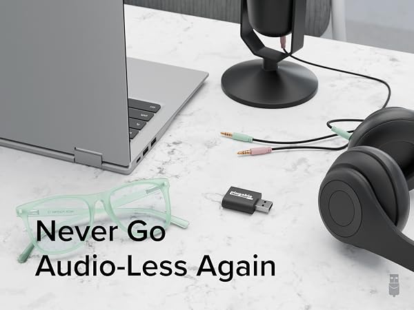 Plugable USB Audio Adapter featuring a 3.5mm speaker/headphone jack and microphone jack