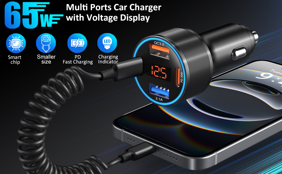 usb c car charger adapter with voltage display black