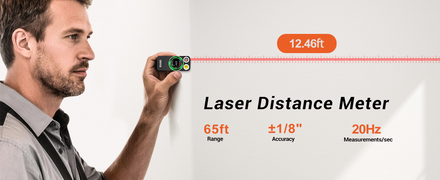 Laser distance meter—65ft range, ±1/8; accuracy, 20 measurements per second.