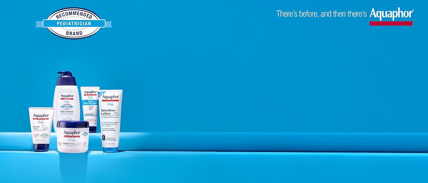 Aquaphor Baby products against blue background.