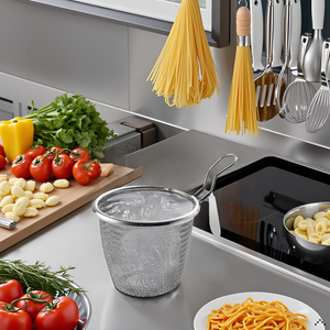 A kitchen counter with various cooking utensils and ingredients surrounding the product.