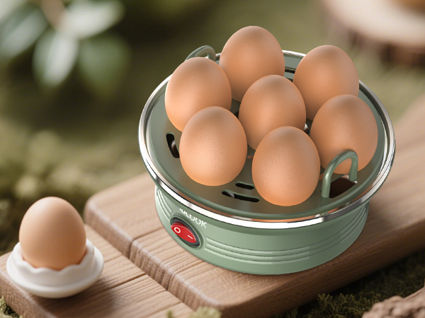 A light green electric egg cooker with seven brown eggs inside. The device sits on a wooden surface, with one additional egg in a small dish nearby.