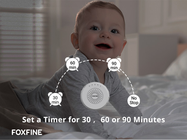 Baby with timer icons above FOXFINE sound machine