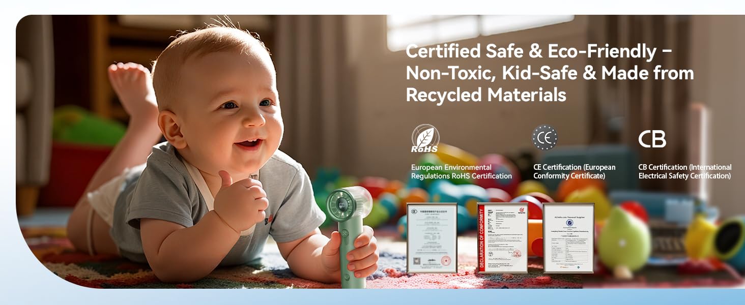 Baby toys made from recycled materials. Various colorful objects visible, including a green rattle. Text highlights safety certifications and eco-friendly features of the products.