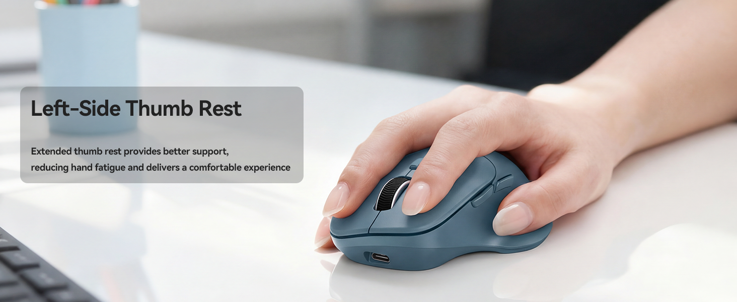 Text reads 'Left-Side Thumb Rest'. Hand holding gray ergonomic computer mouse demonstrating thumb rest design feature.