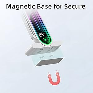 White electronic device charging base with magnetic attachment feature, displaying blue-green LED display and floating design elements.