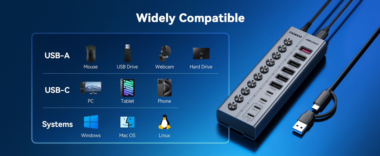 Text reads 'Widely Compatible', 'USB-A', 'USB-C', 'Systems'. Black multi-port USB hub with multiple connection ports displayed with USB cables against blue background.