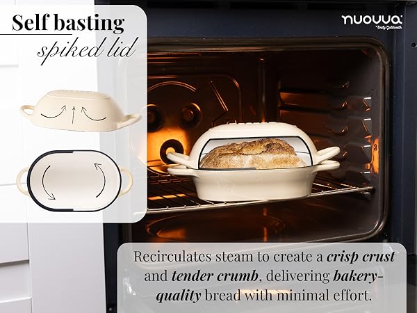 Text reads 'Self Basting spiked lid' and 'Recirculates steam to create a crisp crust and tender crumb, delivering bakery-quality bread with minimal effort.' Promotional image showing bread baking in oven with specialized lid.