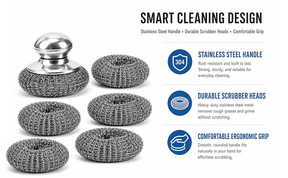 Ergonomic Stainless Steel Scrubber Pads with Replacement Wire Sponge Pads
