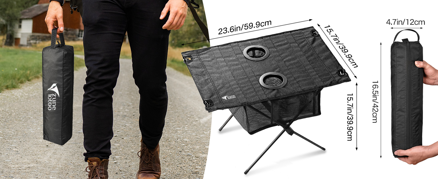 Each folding picnic table is equipped with a small nylon bag with a handle