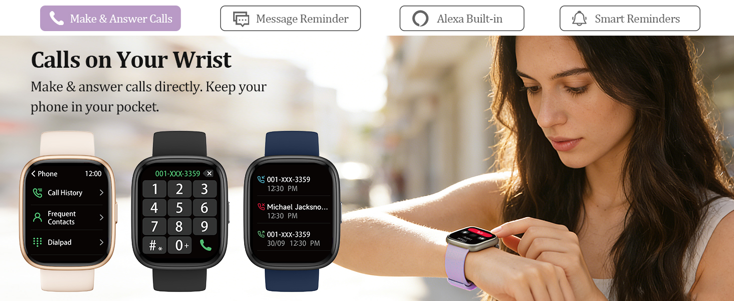 Text reads 'Calls on Your Wrist'. Advertisement showing three smartwatch screens displaying phone interface, with person using device below.