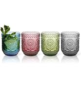 Topsky Vintage Drinking Glass Set of 4,12 oz Embossed Floral Drinkware Set,Colorful Drinking Glas...