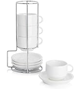 Sweese 2.5 Ounce Porcelain Stackable Espresso Cups with Saucers and Metal Stand Set of 4, White -...