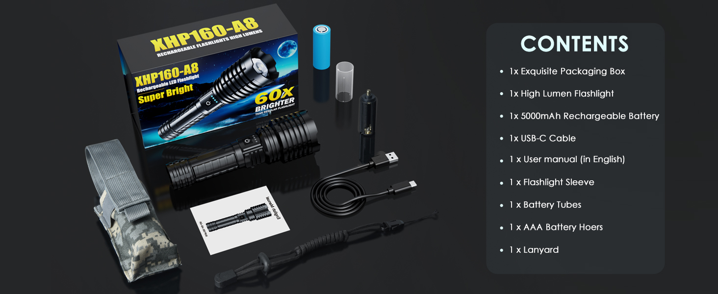 Black Flashlight Comes with a cord and holster, suitable for carrying and storing