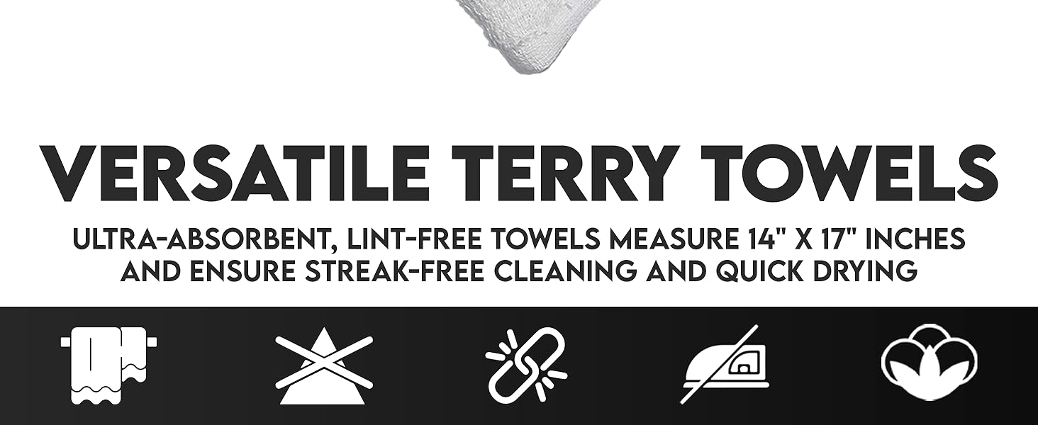 Terry towel cleaning cloths, bar mops, kitchen & bar rags, 100% cotton terry towels.