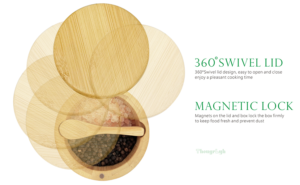 Bamboo Salt Box, Salt Box With Swivel Lid With Magnetic,Salt Cellar With Lid