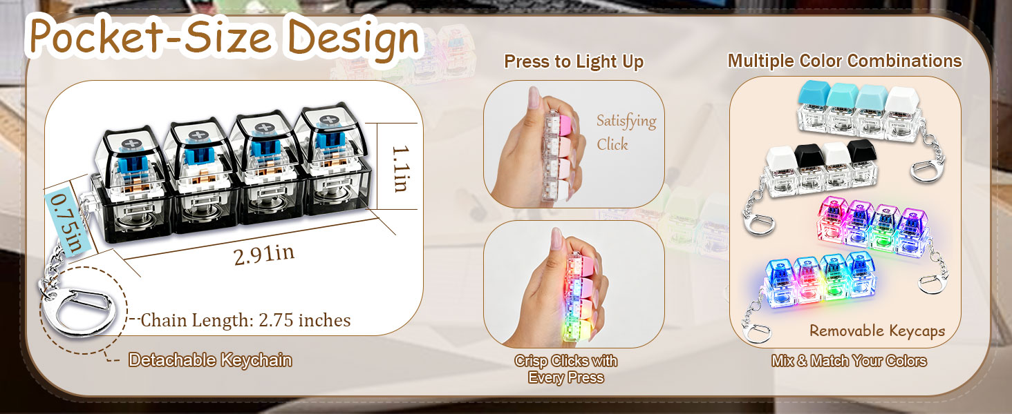 Compact keyboard fidget keychain with dimensions, removable keycaps, and color options.