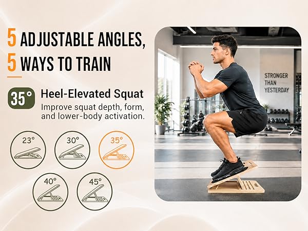 35° slant board for heel-elevated squat and lower-body activation.