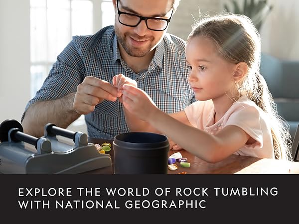 Father and daughter explore rock tumbling.