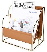 KINGFOM Plated Metal Wire and Premium Faux Leather Magazine Holder Rack, 2-Slot Standing Rack for...