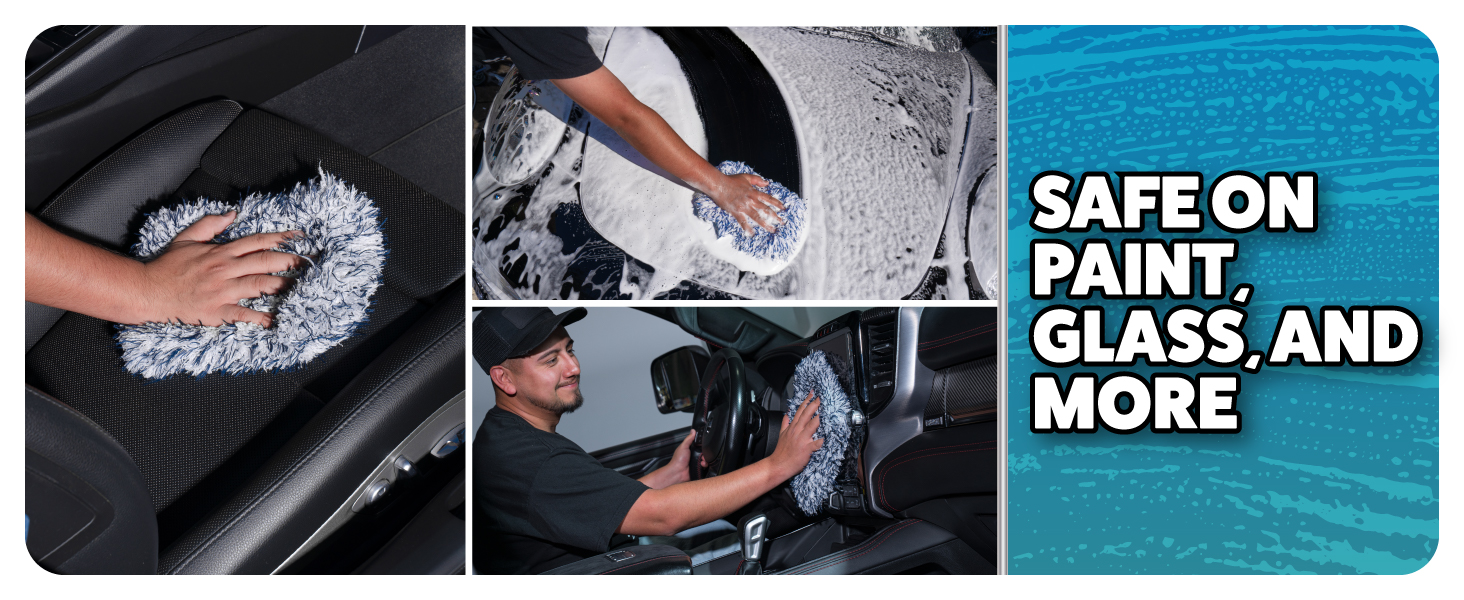 Soft chenille style automotive wash mitt used for interior dusting and dashboard cleaning