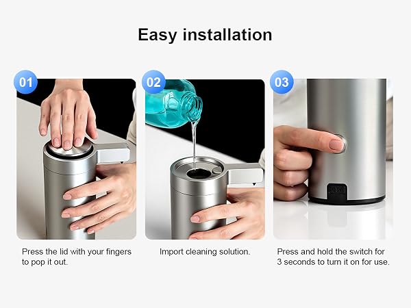 Easy setup soap dispenser, open lid, fill soap, hold power 3 seconds to start, no tools needed.