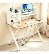 TECHYAP 44"×24" White Computer Desk with Charging Ports & Hutch Pegboard | 2-in-1 Home Office Gam...