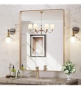 LOAAO 28”X36” Gold Bathroom Mirror, Rounded Rectangle Gold Frame Mirror, Brushed Gold Bathroom Va...